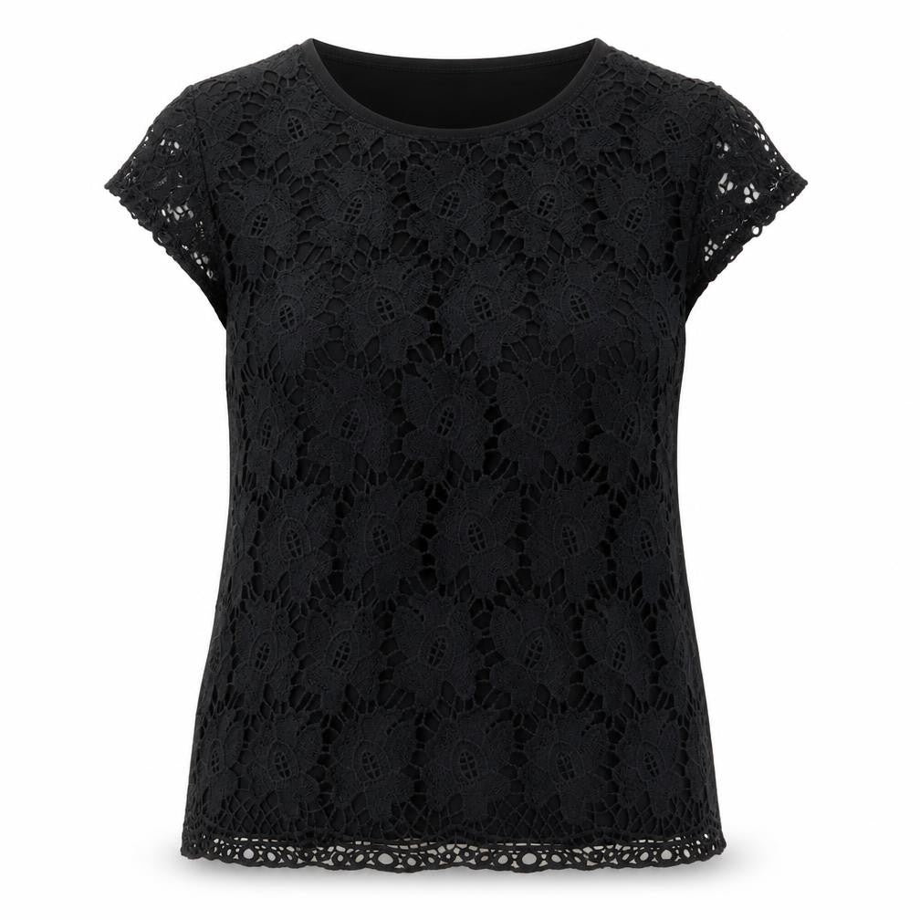 Rio Yangtse Womens Black Floral Polyester Basic T-Shirt Size L Crew Neck