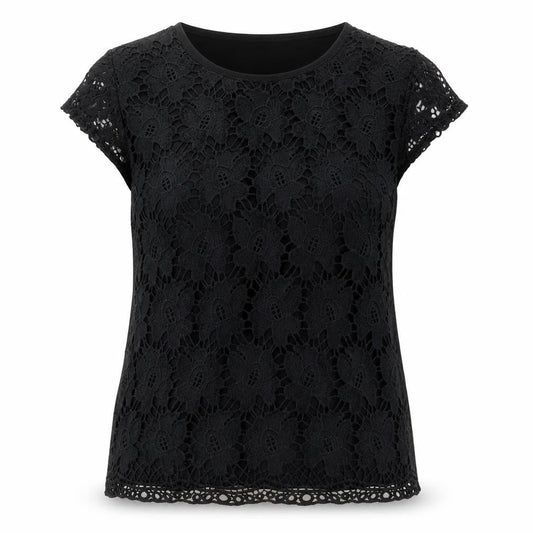 Rio Yangtse Womens Black Floral Polyester Basic T-Shirt Size L Crew Neck
