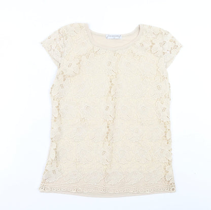 Rio Yangtse Womens Beige Floral Polyester Basic Blouse Size L Crew Neck