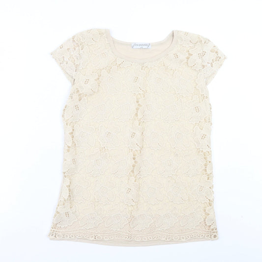 Rio Yangtse Womens Beige Floral Polyester Basic Blouse Size L Crew Neck