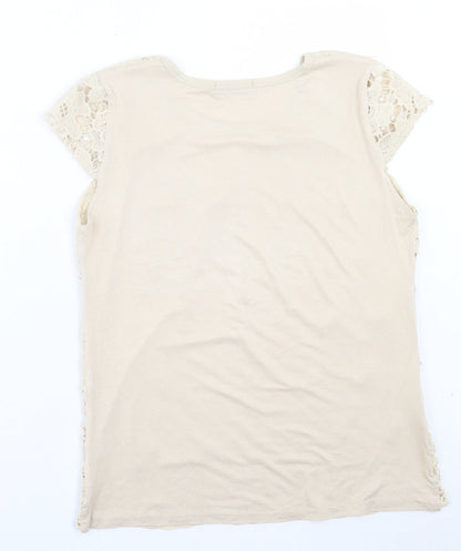 Rio Yangtse Womens Beige Floral Polyester Basic Blouse Size L Crew Neck