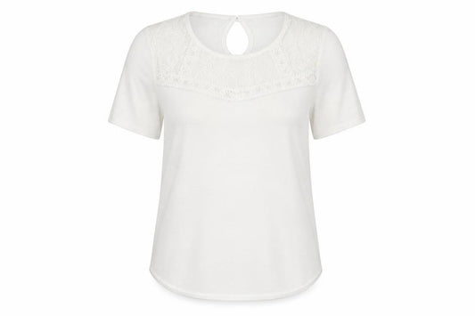 BASSINI Womens White Polyester Basic Blouse Size M Round Neck - Lace detail