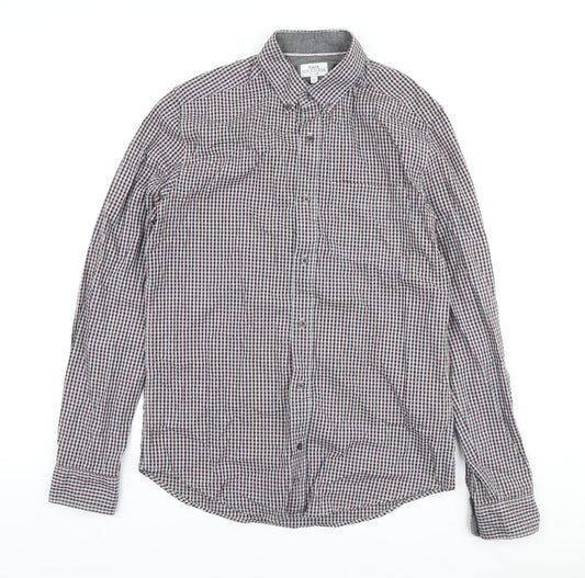 NEXT Mens Grey Plaid Cotton Button-Up Size S Collared Button