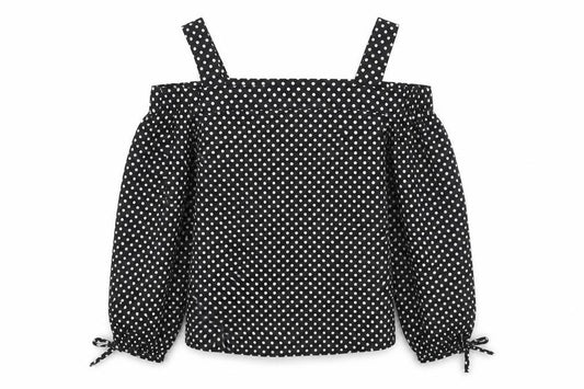 Atmosphere` Womens Black Polka Dot Polyester Basic Blouse Size 4 Off the Shoulder