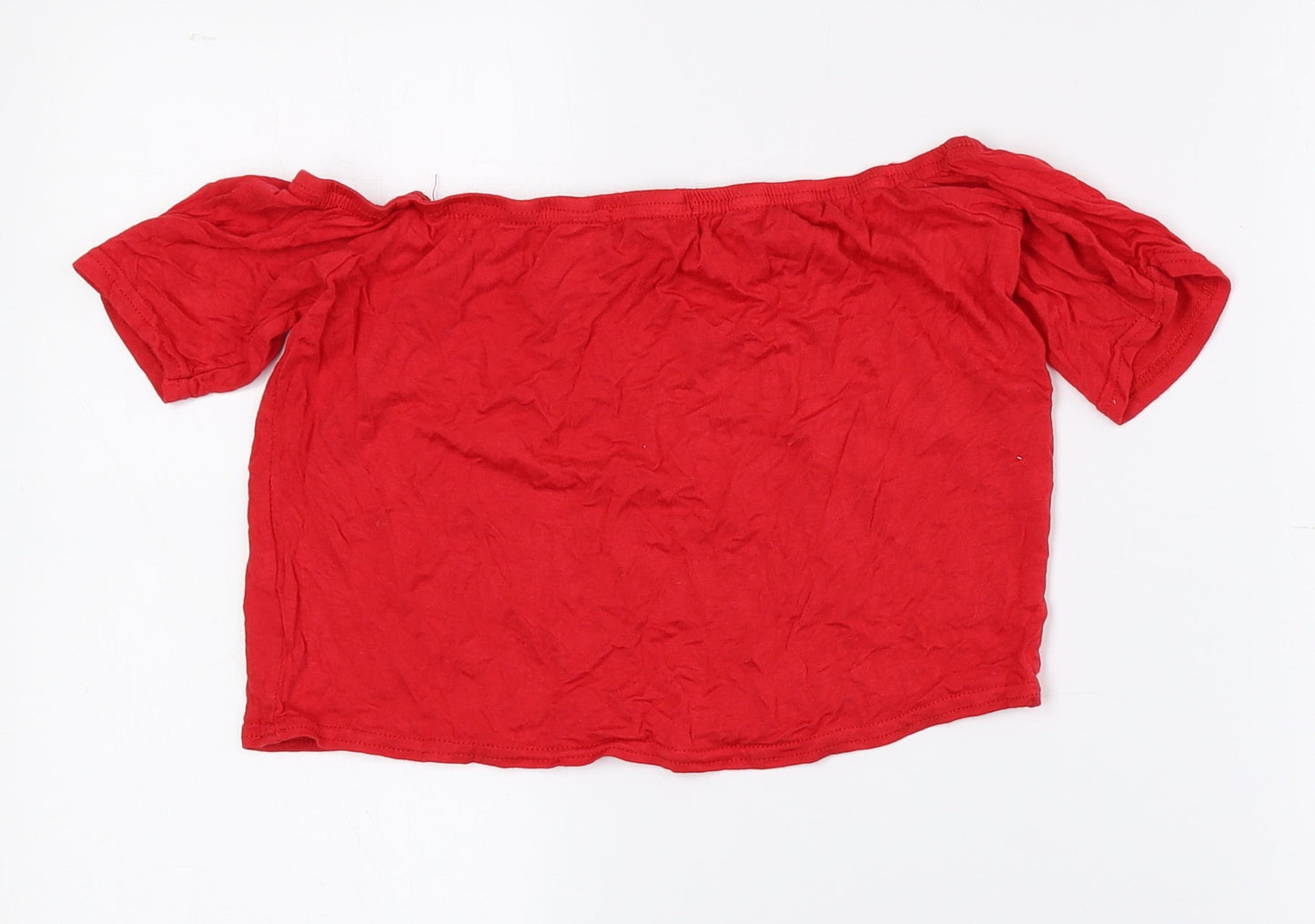 PRETTYLITTLETHING Womens Red Viscose Cropped T-Shirt Size 12 Off the Shoulder