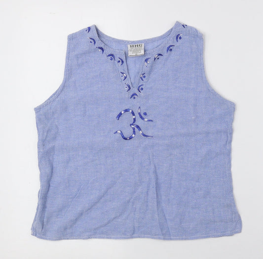 HHG Womens Blue Geometric 100% Cotton Cropped Tank Size XL V-Neck