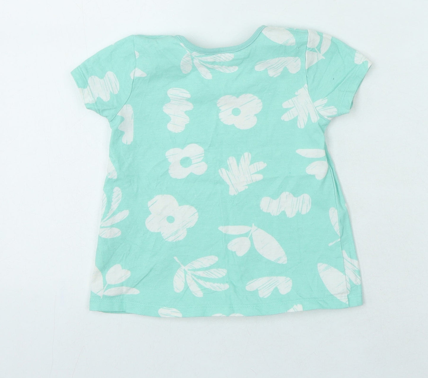 George Girls Green 100% Cotton Jersey T-Shirt Size 18-24 Months Round Neck - Flowers