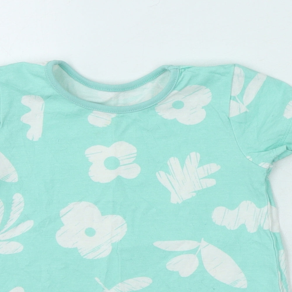 George Girls Green 100% Cotton Jersey T-Shirt Size 18-24 Months Round Neck - Flowers