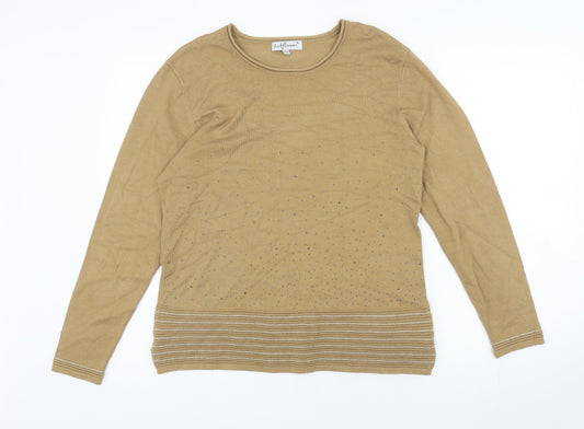 Mudflower Womens Brown Striped Viscose Jersey T-Shirt Size M Round Neck - Diamond Pattern