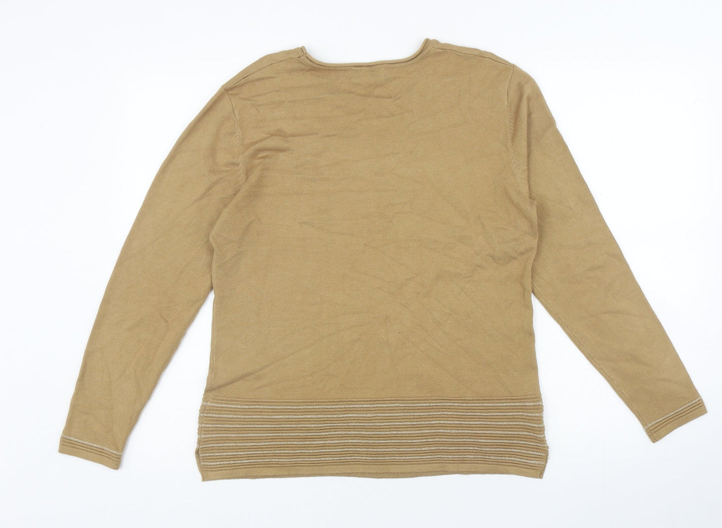 Mudflower Womens Brown Striped Viscose Jersey T-Shirt Size M Round Neck - Diamond Pattern