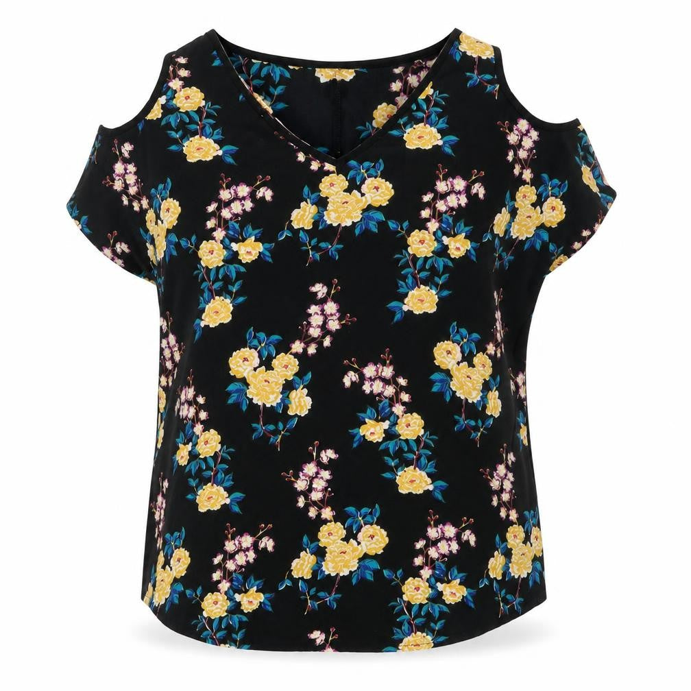 Julipa Womens Black Floral Polyester Basic Blouse Size 16 V-Neck
