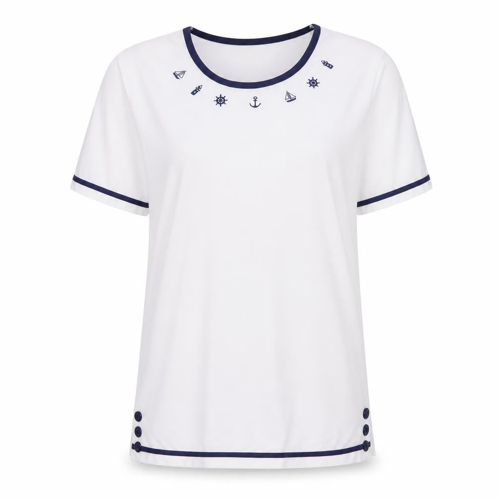 Anne De Lancay Womens White Polyester Basic T-Shirt Size M Round Neck - Marine