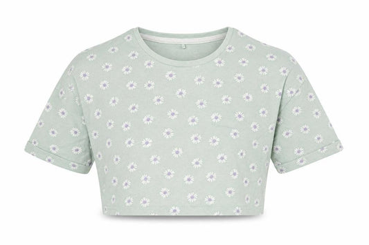 George Girls Green Floral Cotton Cropped T-Shirt Size 6-7 Years Round Neck Pullover