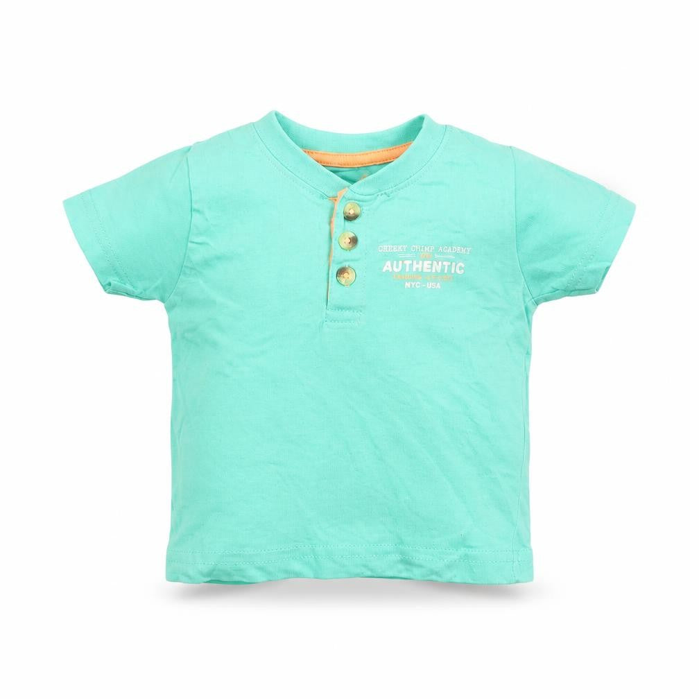 Primark Boys Green Cotton Basic T-Shirt Size 9-12 Months Round Neck Button - Cheeky Chimp Academy