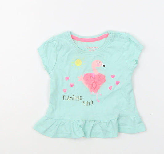 Primark Girls Green Cotton Basic T-Shirt Size 3-6 Months Round Neck Pullover - Flamingo