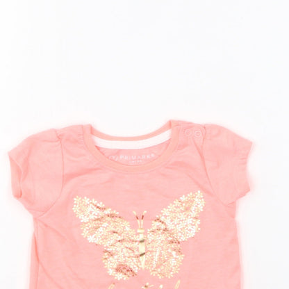 Primark Girls Pink Polyester Basic T-Shirt Size 3-6 Months Round Neck Pullover - Butterfly