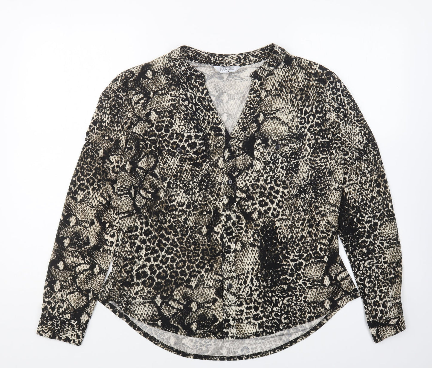 Classic Womens Black Animal Print Polyester Basic Button-Up Size 14 Collared