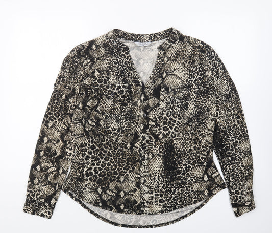 Classic Womens Black Animal Print Polyester Basic Button-Up Size 14 Collared
