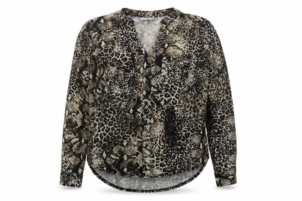 Classic Womens Black Animal Print Polyester Basic Button-Up Size 14 Collared