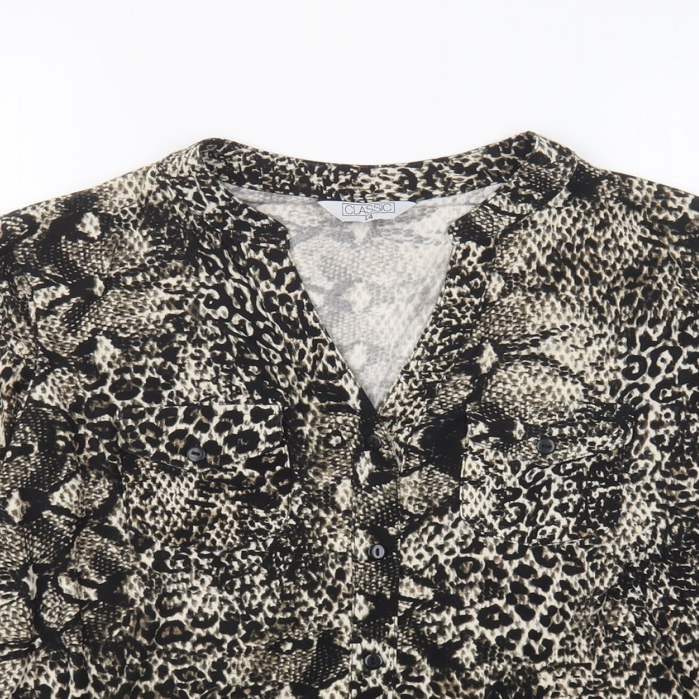 Classic Womens Black Animal Print Polyester Basic Button-Up Size 14 Collared