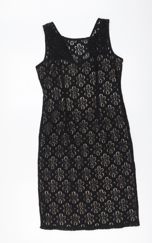 London Times Womens Black Floral Cotton A-Line Size 6 Round Neck Zip