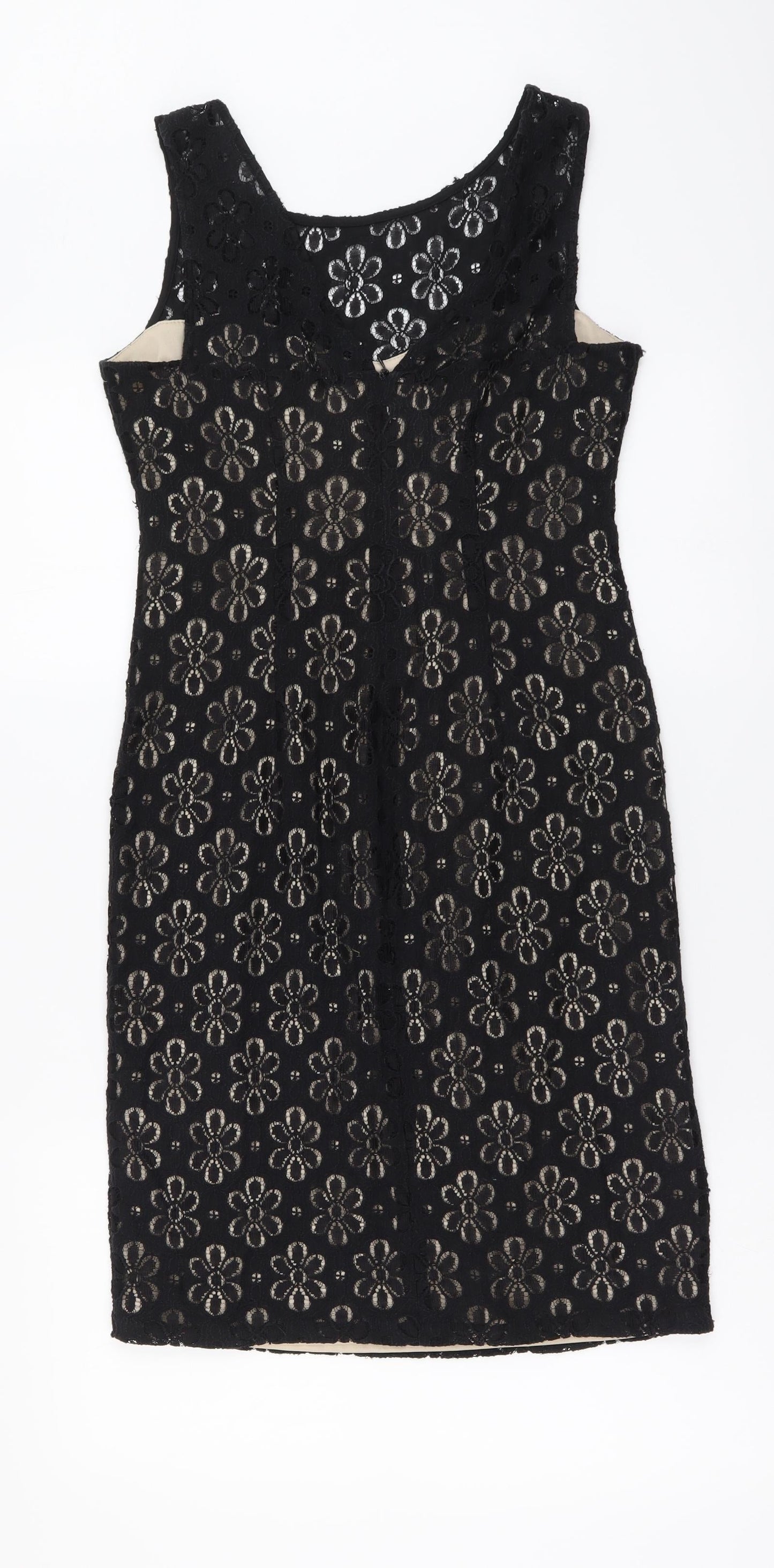 London Times Womens Black Floral Cotton A-Line Size 6 Round Neck Zip