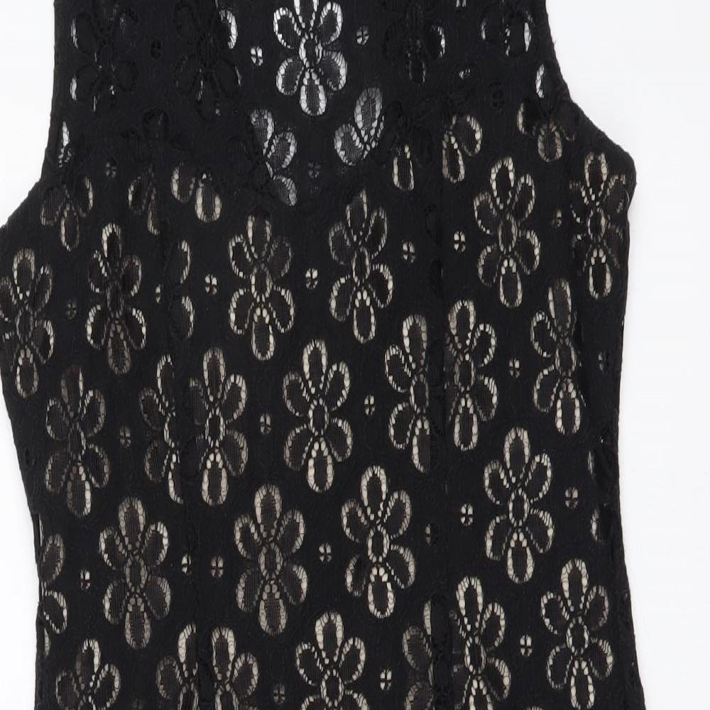 London Times Womens Black Floral Cotton A-Line Size 6 Round Neck Zip