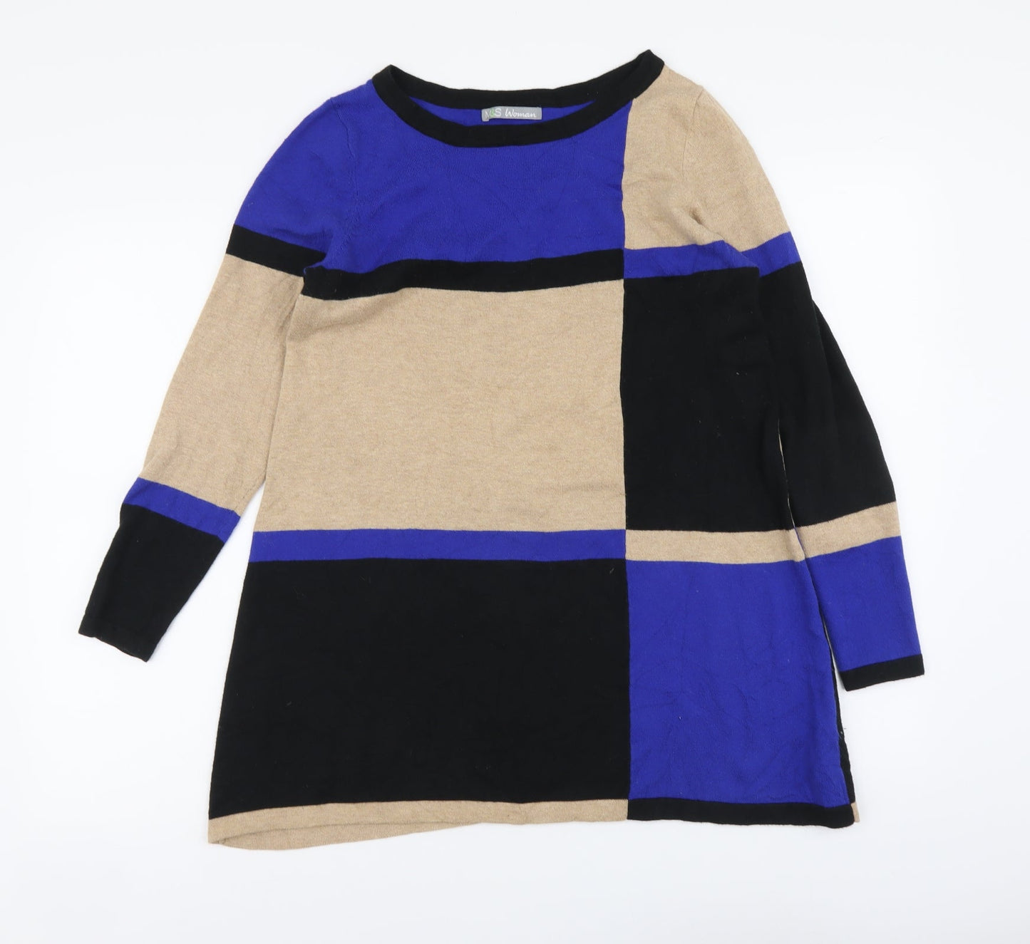 Marks and Spencer Womens Multicoloured Round Neck Striped Cotton Tunic Jumper Size 14