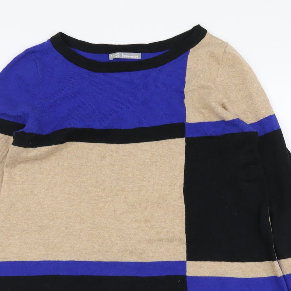 Marks and Spencer Womens Multicoloured Round Neck Striped Cotton Tunic Jumper Size 14