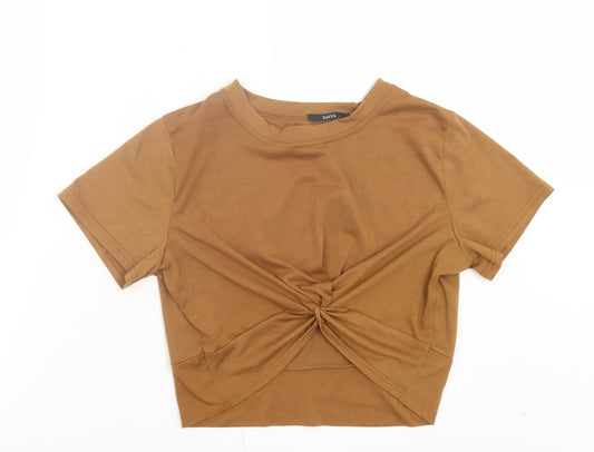 Zaful Womens Brown Polyester Cropped T-Shirt Size S Crew Neck - Tie At Front