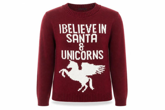 Boohoo Womens Red Crew Neck Acrylic Pullover Jumper Size S - I Believe In Santa & Unicorns