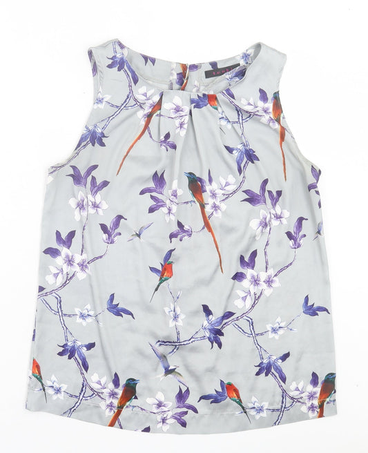 TENKI Womens Grey Floral Polyester Basic Tank Size S Crew Neck