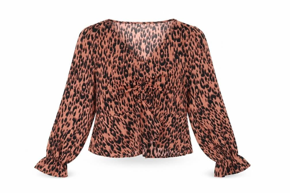 SheIn Womens Brown Animal Print Polyester Basic Blouse Size L V-Neck
