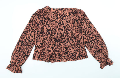 SHEIN Womens Brown Animal Print Polyester Basic Blouse Size L V-Neck