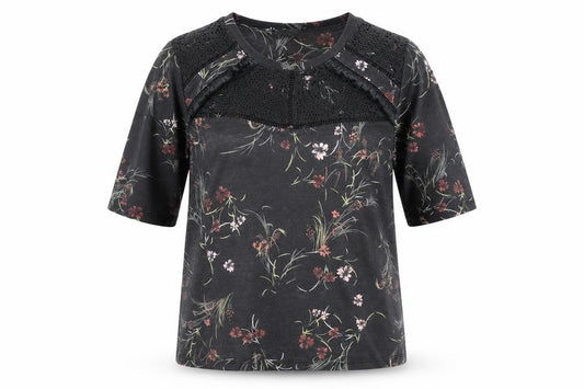 Marks and Spencer Womens Black Floral Polyester Basic Polo Size 12 Round Neck - Lace Collar detail