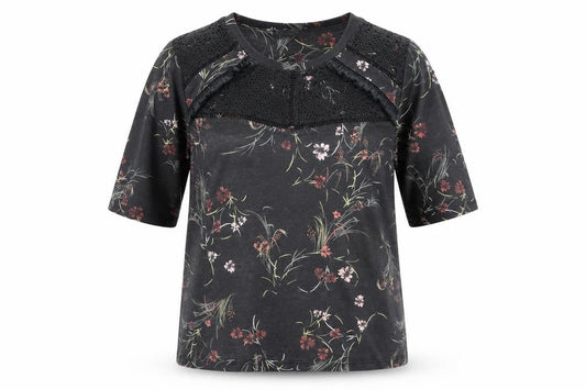 Marks & Spencer Womens Black Floral Polyester Basic Polo Size 12 Round Neck - Lace Collar detail