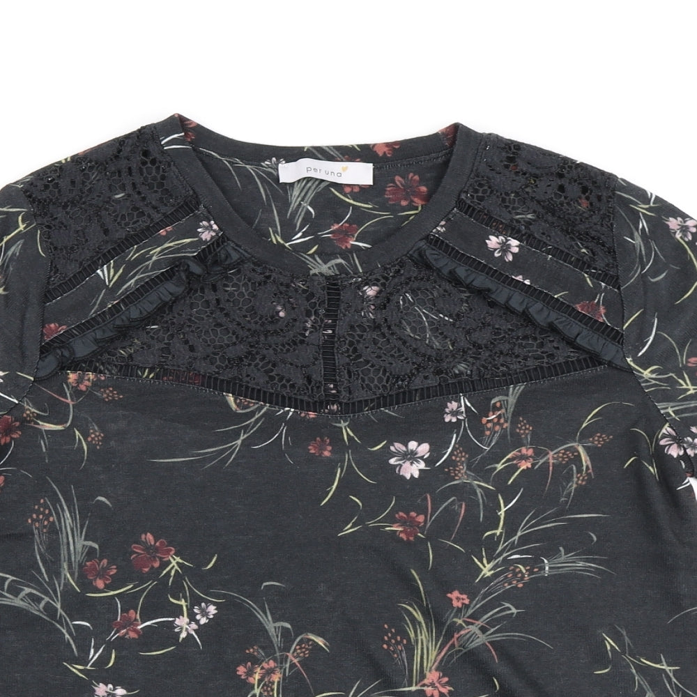 Marks and Spencer Womens Black Floral Polyester Basic Polo Size 12 Round Neck - Lace Collar detail