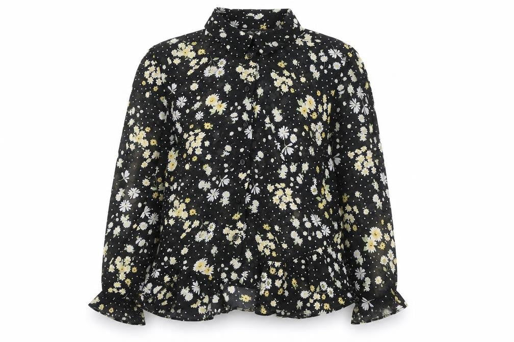 Miss Selfridge Womens Black Floral Polyester Basic Blouse Size 6 Collared