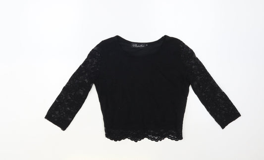 Republic Womens Black Floral Polyester Cropped Blouse Size M Round Neck