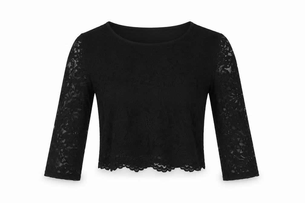 Republic Womens Black Floral Polyester Cropped Blouse Size M Round Neck