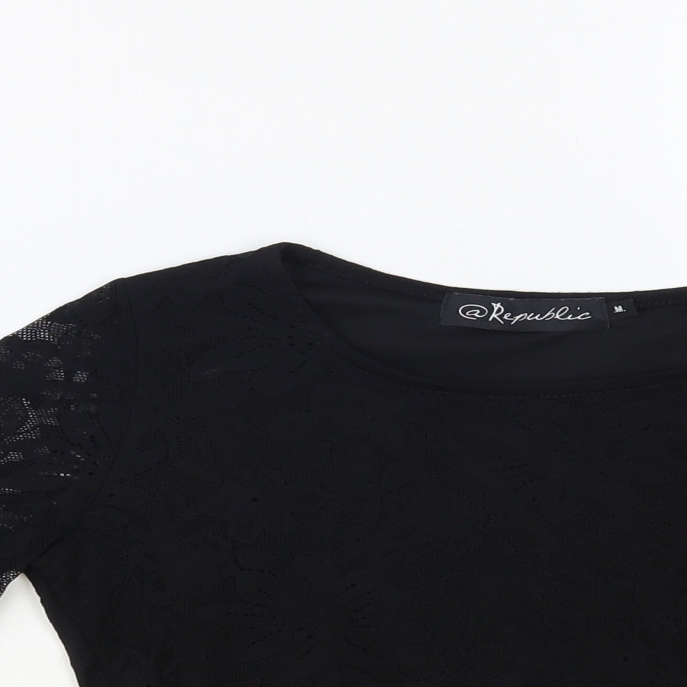Republic Womens Black Floral Polyester Cropped Blouse Size M Round Neck