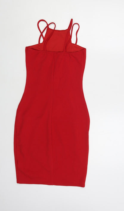 Womens Red Polyester Mini Size XS Square Neck Pullover