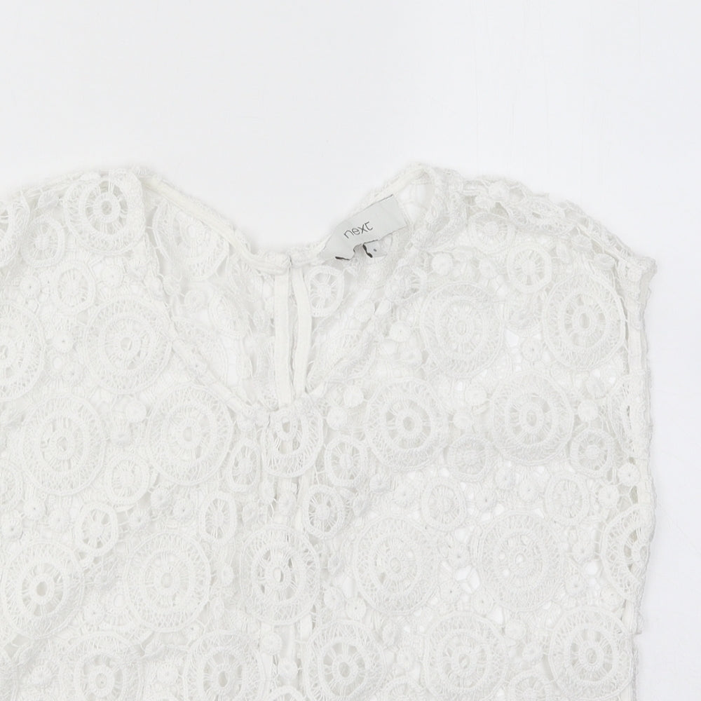 NEXT Womens White Geometric Cotton Basic T-Shirt Size 6 Round Neck