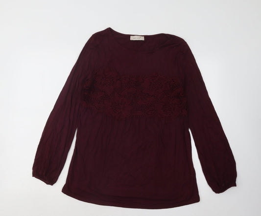 Marks and Spencer Womens Red Round Neck Geometric Modal Pullover Jumper Size 12 - Lace Detail
