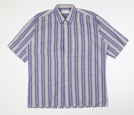 Marks and Spencer Mens Multicoloured Striped Cotton Button-Up Size 41 Collared Button - 41cm, 16