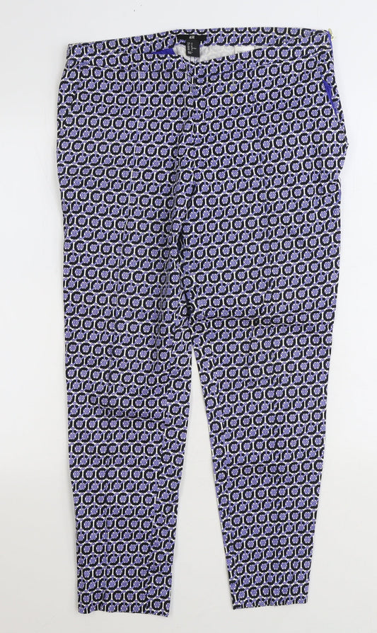 H&M Womens Blue Geometric Cotton Trousers Size 12 L26 in Regular Zip