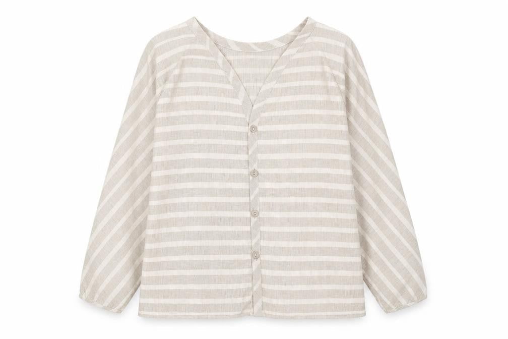 St Michael Womens Beige Striped Polyester Basic Button-Up Size 18 V-Neck