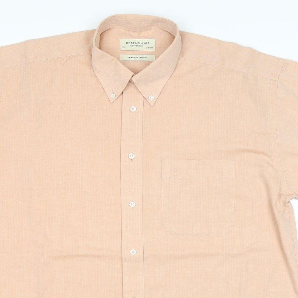 Debenhams Mens Pink Herringbone Cotton Button-Up Size 15.5 Collared Button