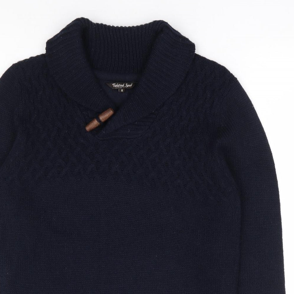 Twisted Soul Mens Blue Collared Acrylic Pullover Jumper Size S