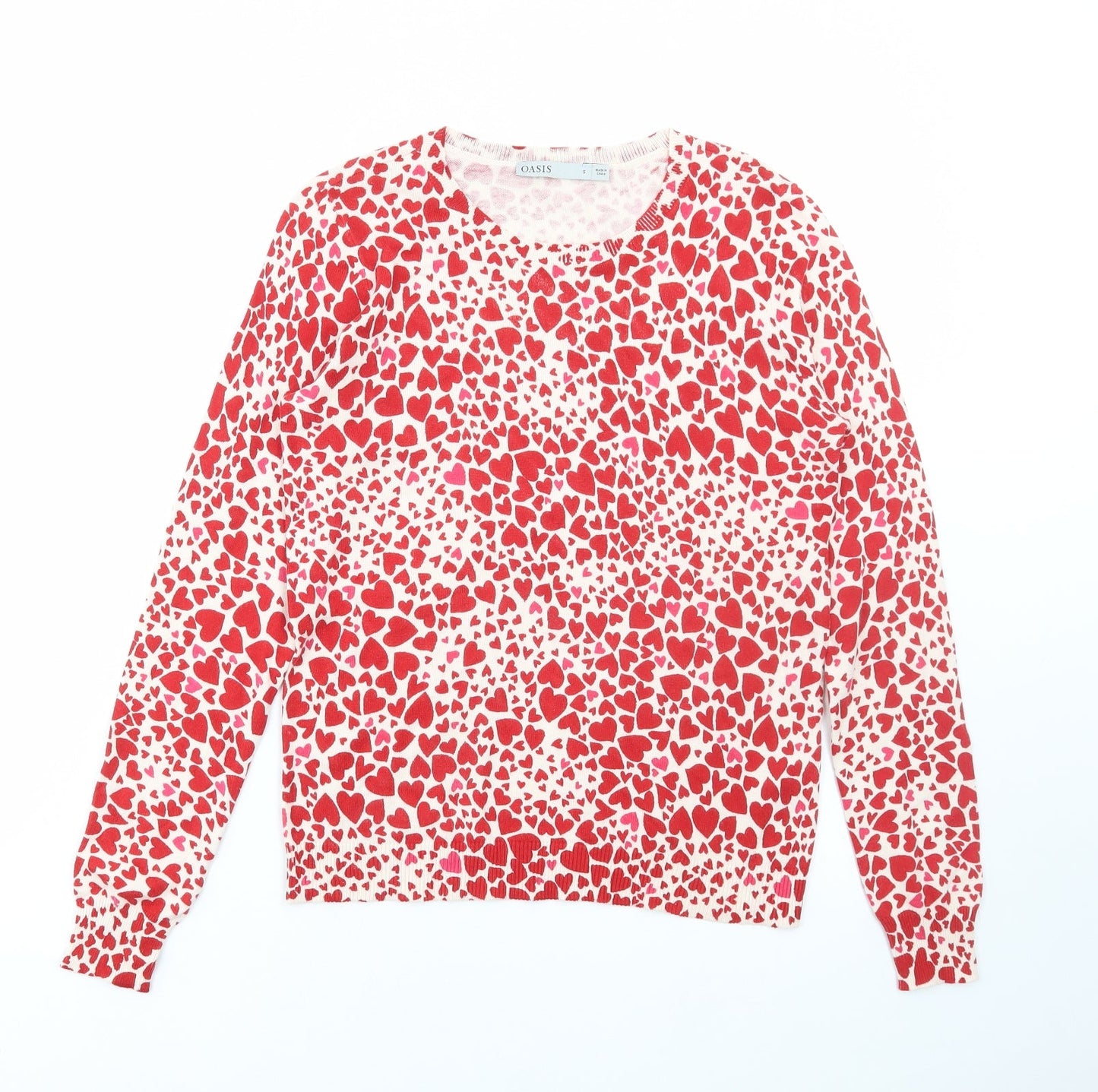 Oasis Womens Multicoloured Round Neck Geometric Cotton Pullover Jumper Size S - Heart Print